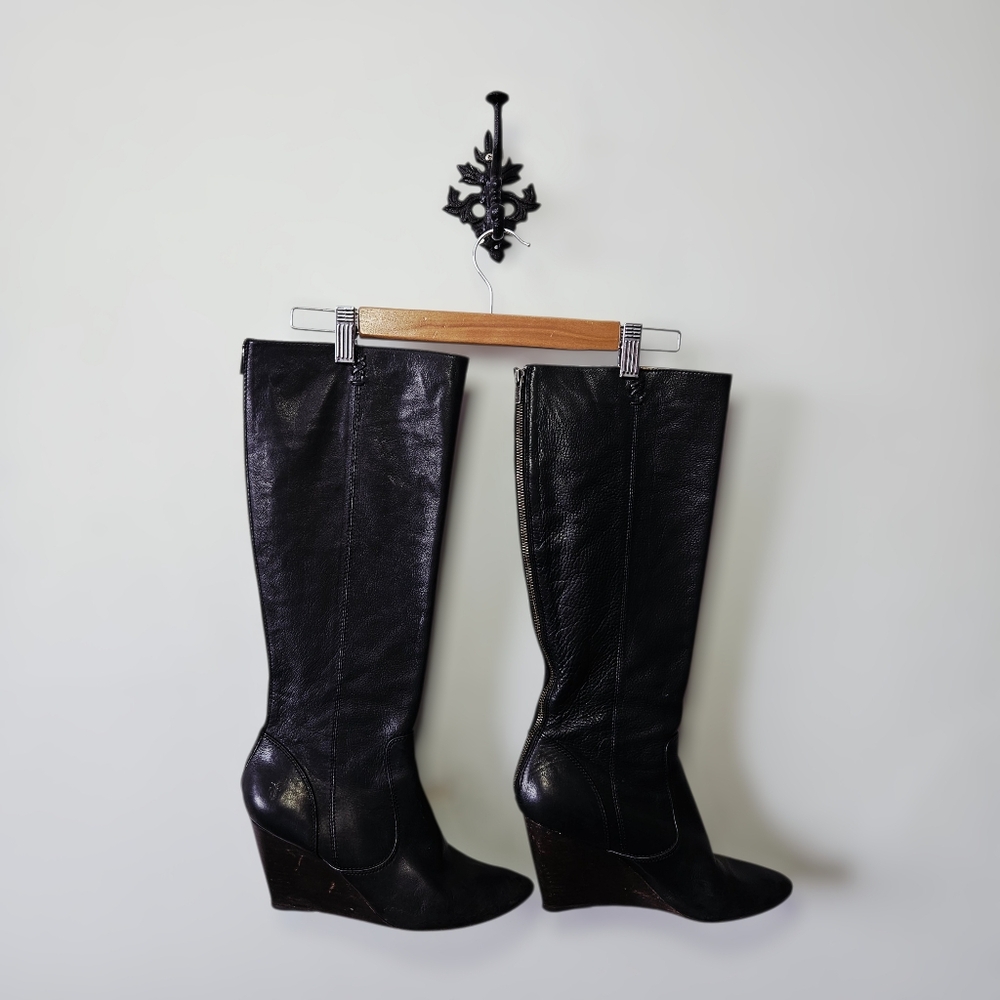Frye Regina Wedge Knee High Boots Size 10 Black Leather Tall